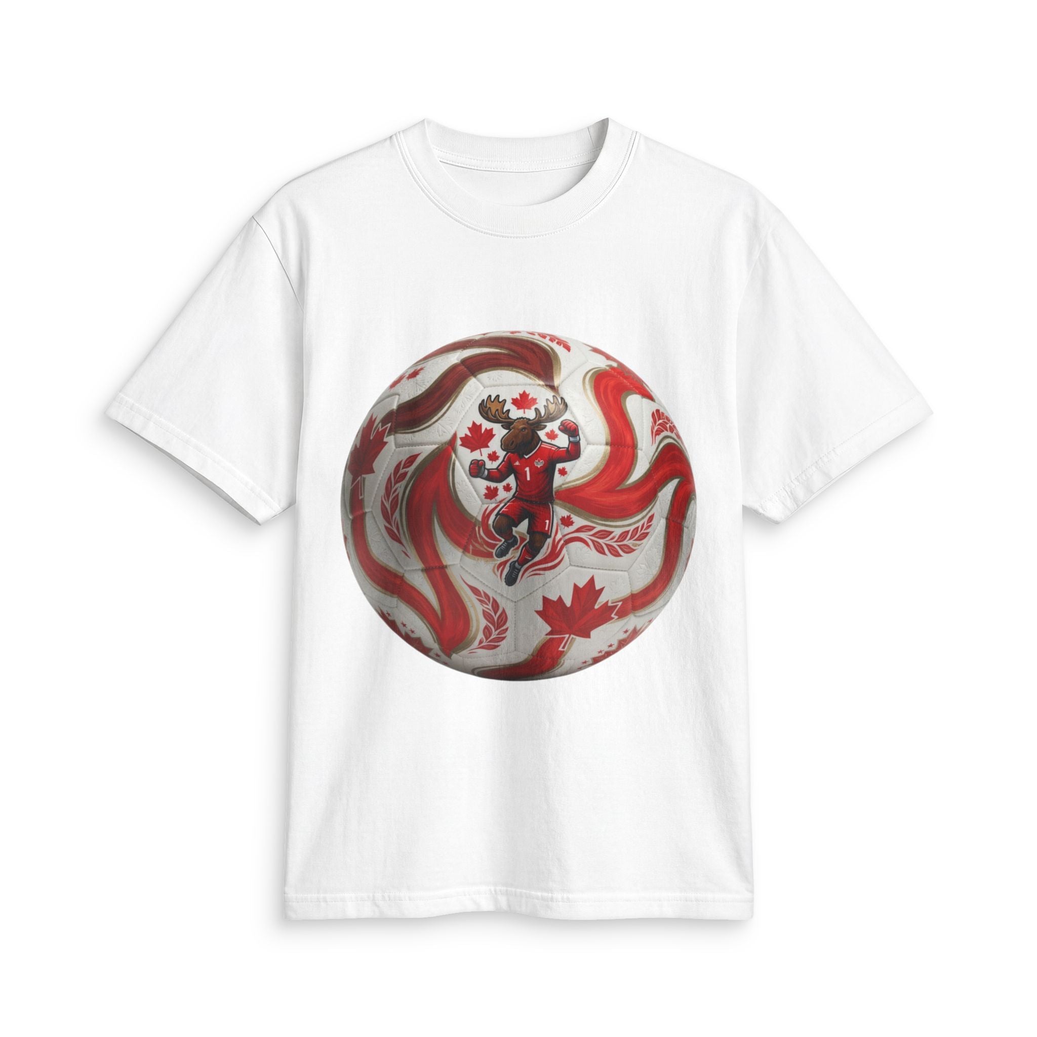 Canada Soccer Lion Graphic T‑Shirt — Red Maple Leaf Soccer Ball Design