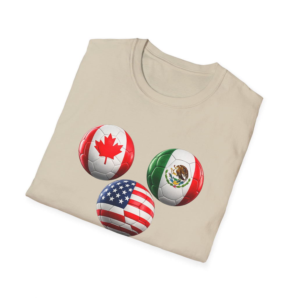 World Cup Trio Soccer Ball T-Shirt — USA Canada Mexico Flags