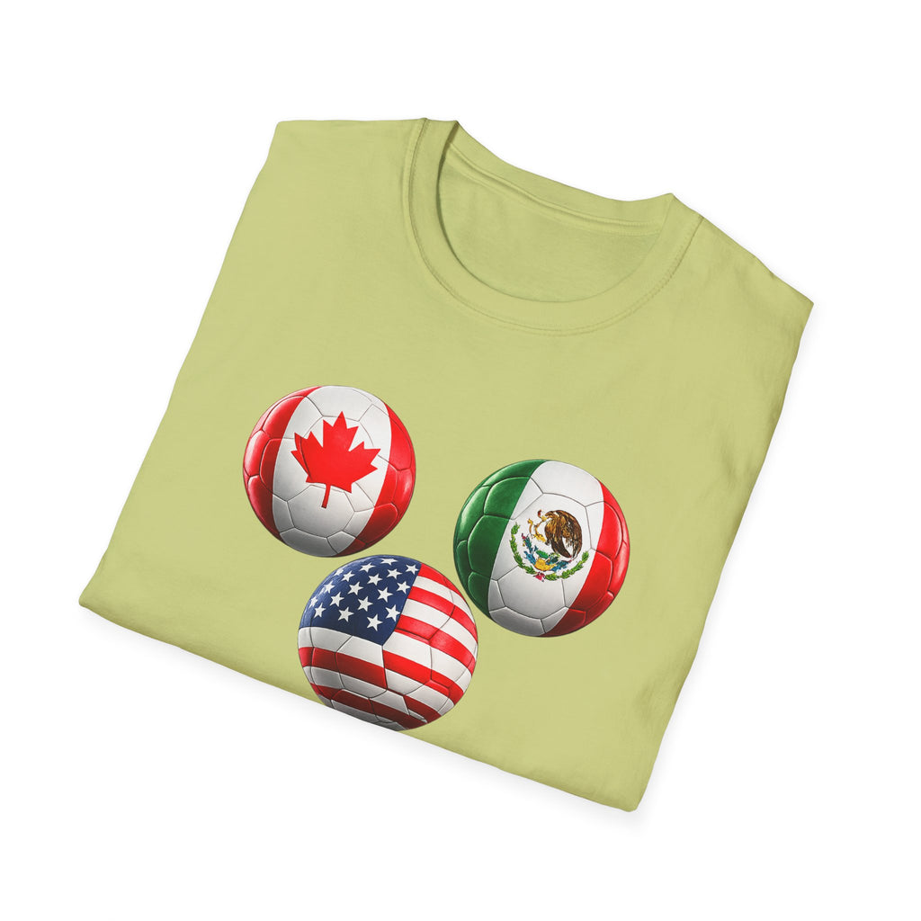 World Cup Trio Soccer Ball T-Shirt — USA Canada Mexico Flags