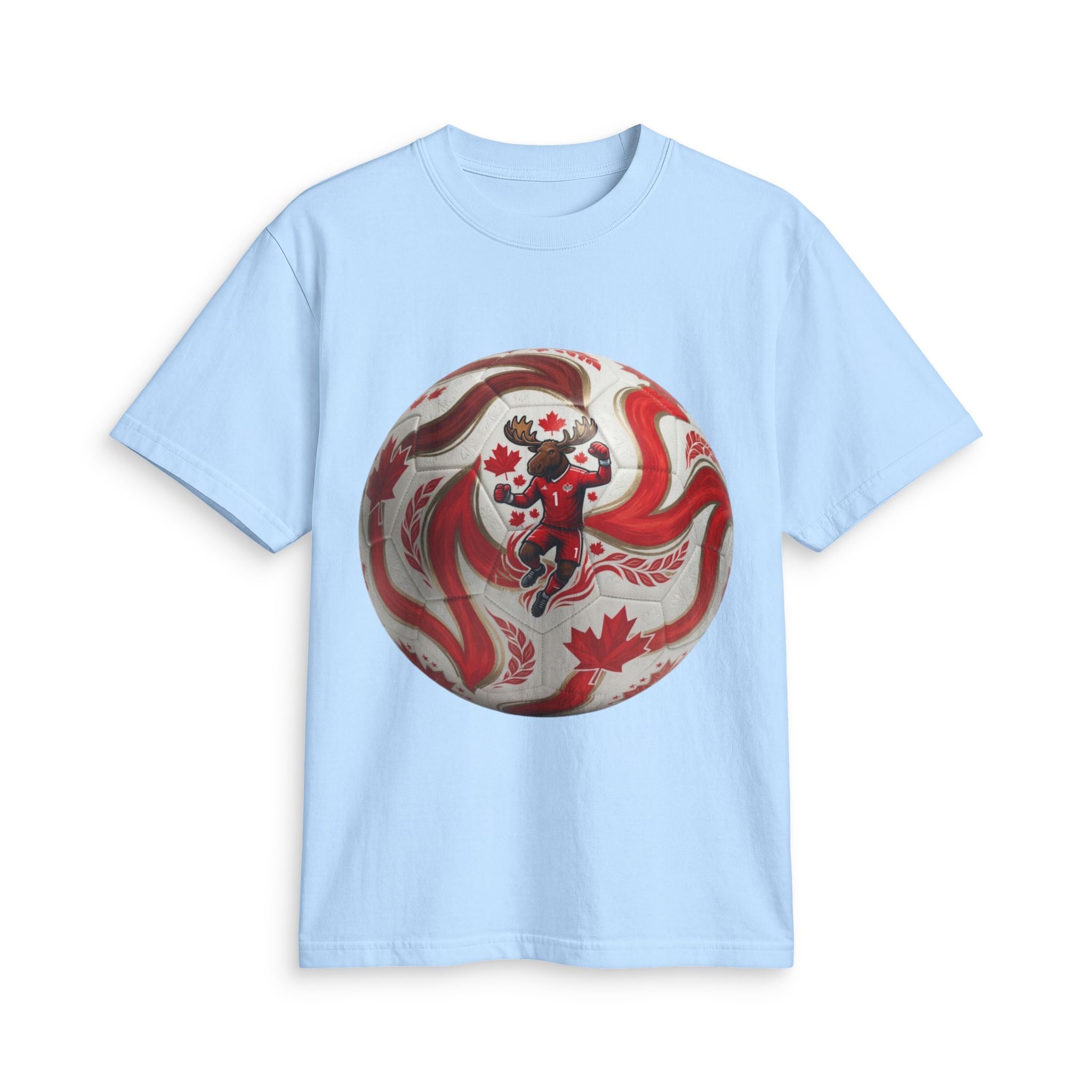 Canada Soccer Lion Graphic T‑Shirt — Red Maple Leaf Soccer Ball Design