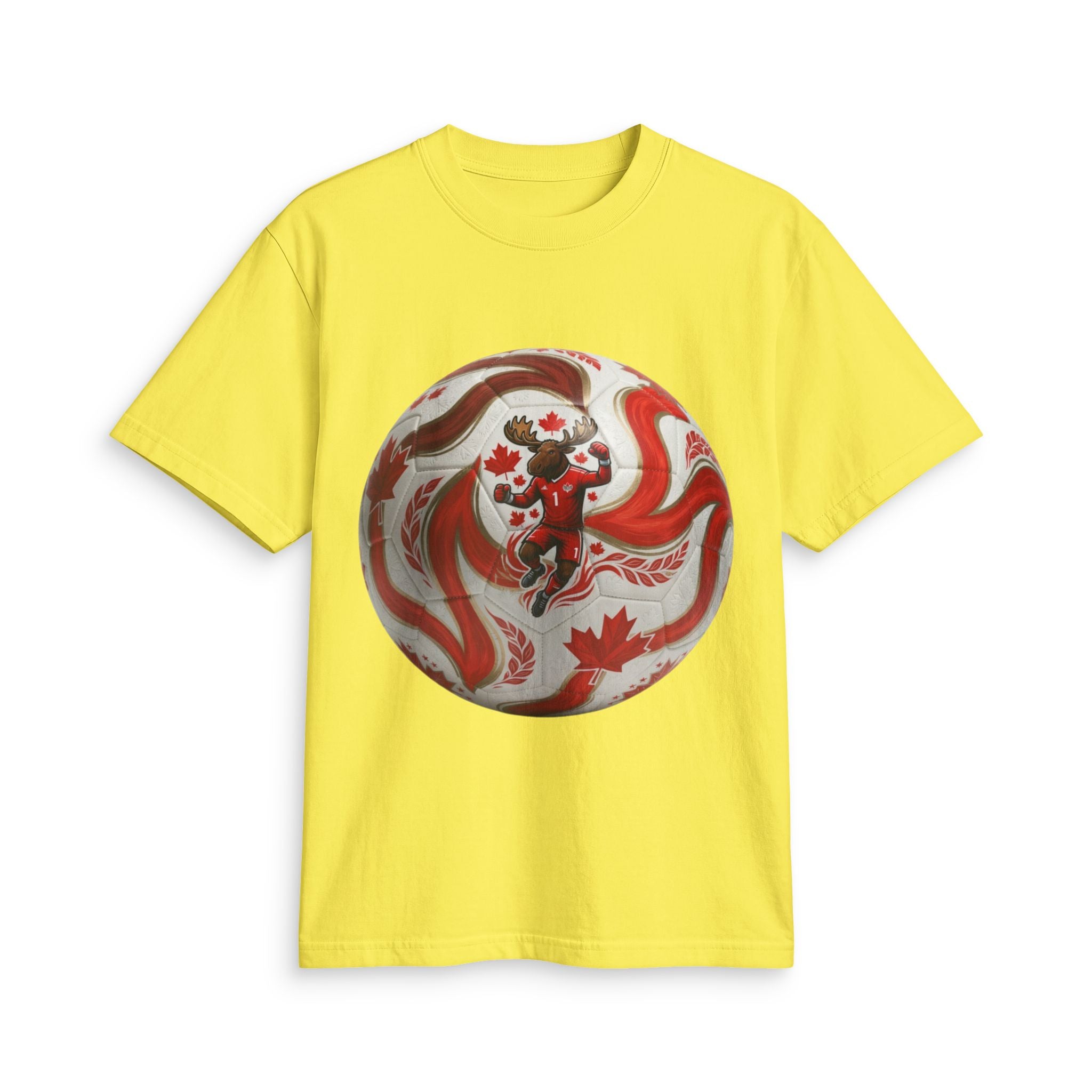 Canada Soccer Lion Graphic T‑Shirt — Red Maple Leaf Soccer Ball Design