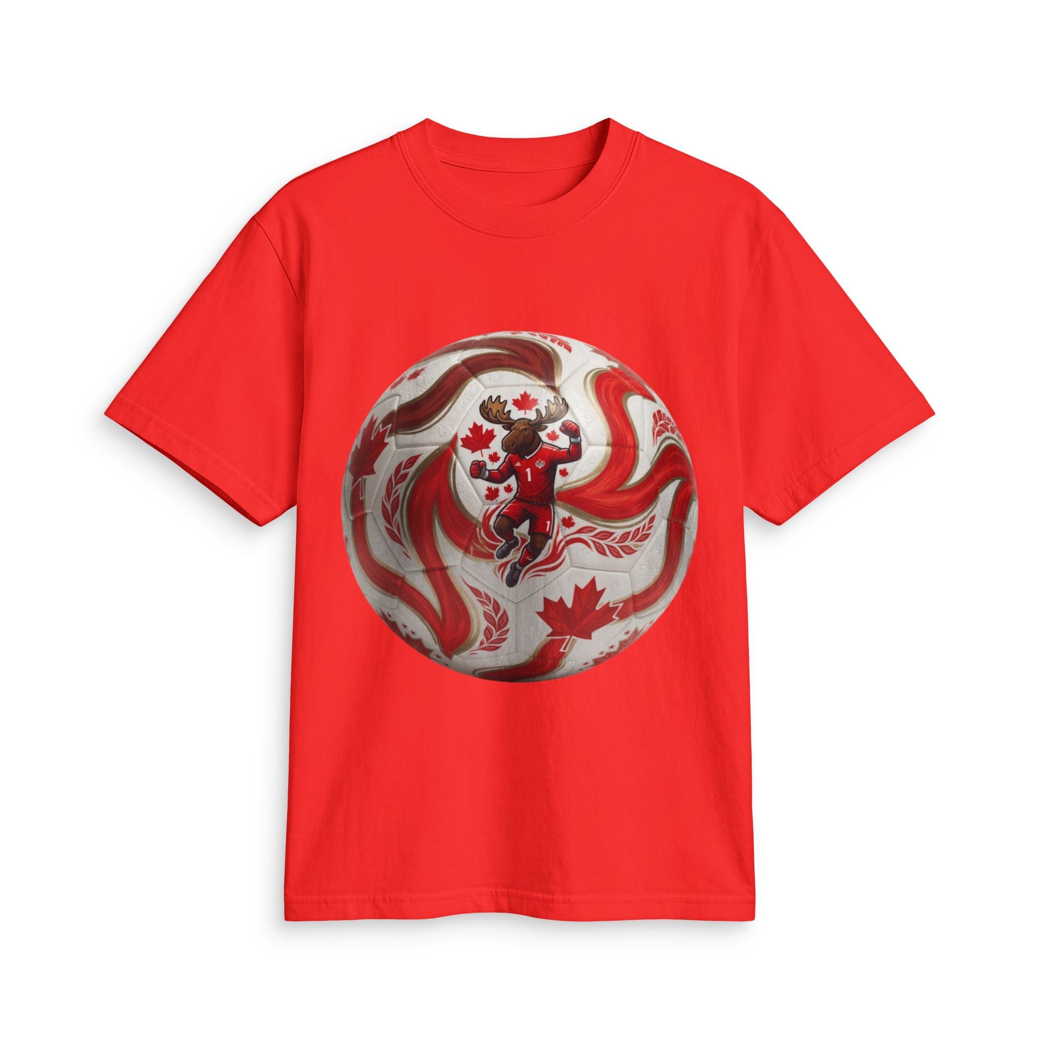 Canada Soccer Lion Graphic T‑Shirt — Red Maple Leaf Soccer Ball Design