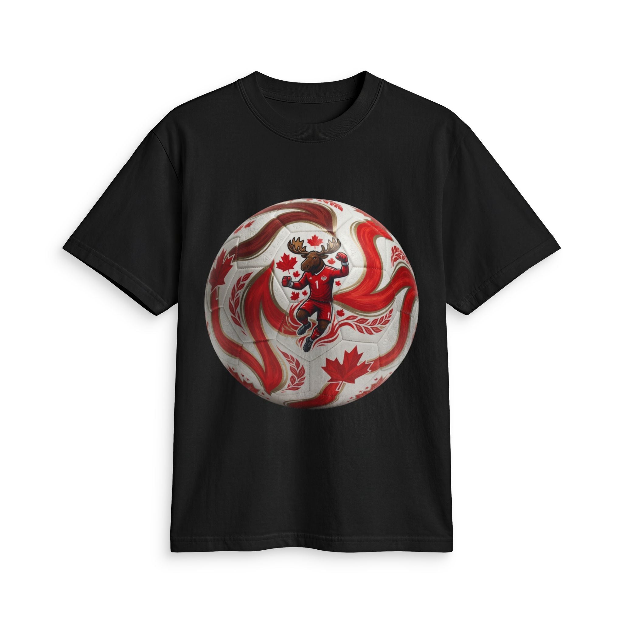 Canada Soccer Lion Graphic T‑Shirt — Red Maple Leaf Soccer Ball Design
