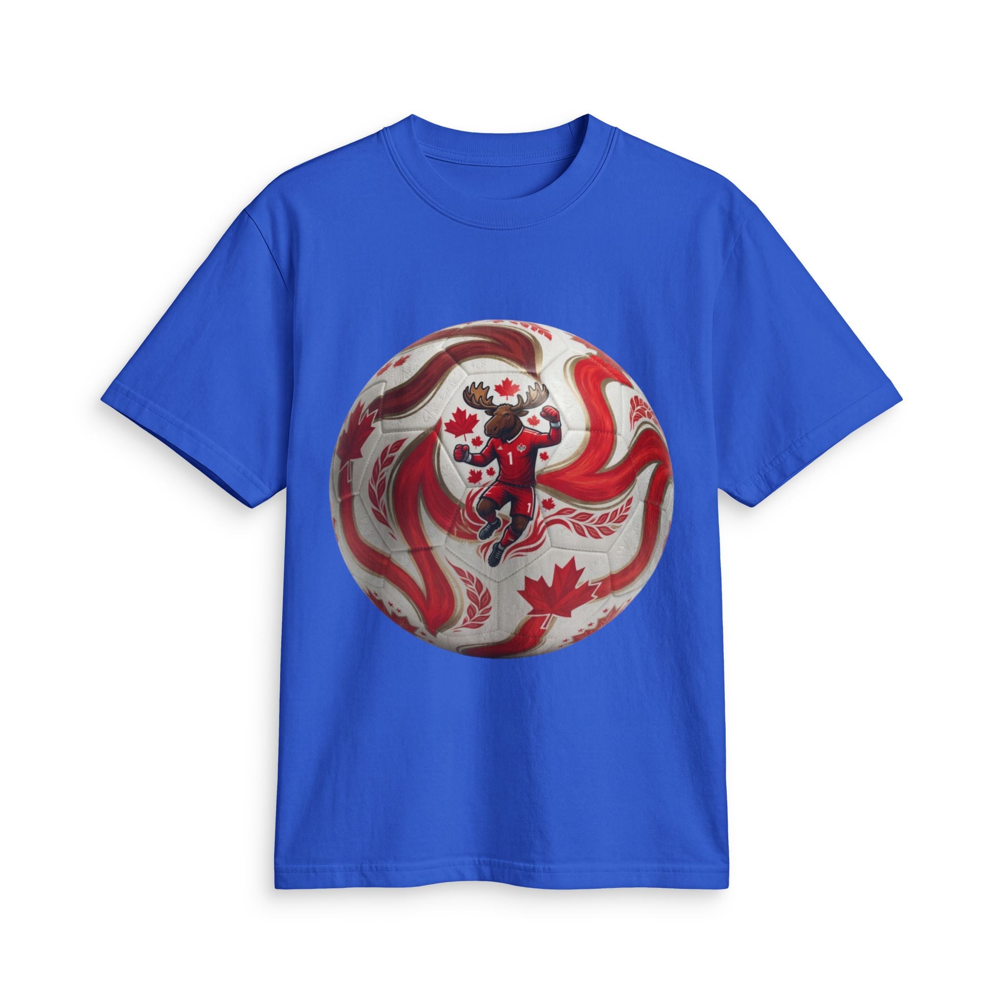 Canada Soccer Lion Graphic T‑Shirt — Red Maple Leaf Soccer Ball Design