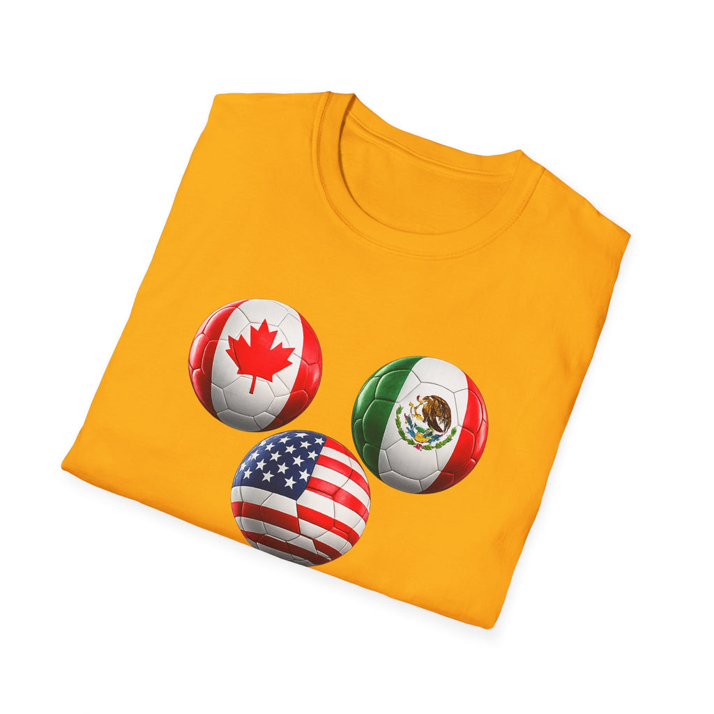 World Cup Trio Soccer Ball T-Shirt — USA Canada Mexico Flags