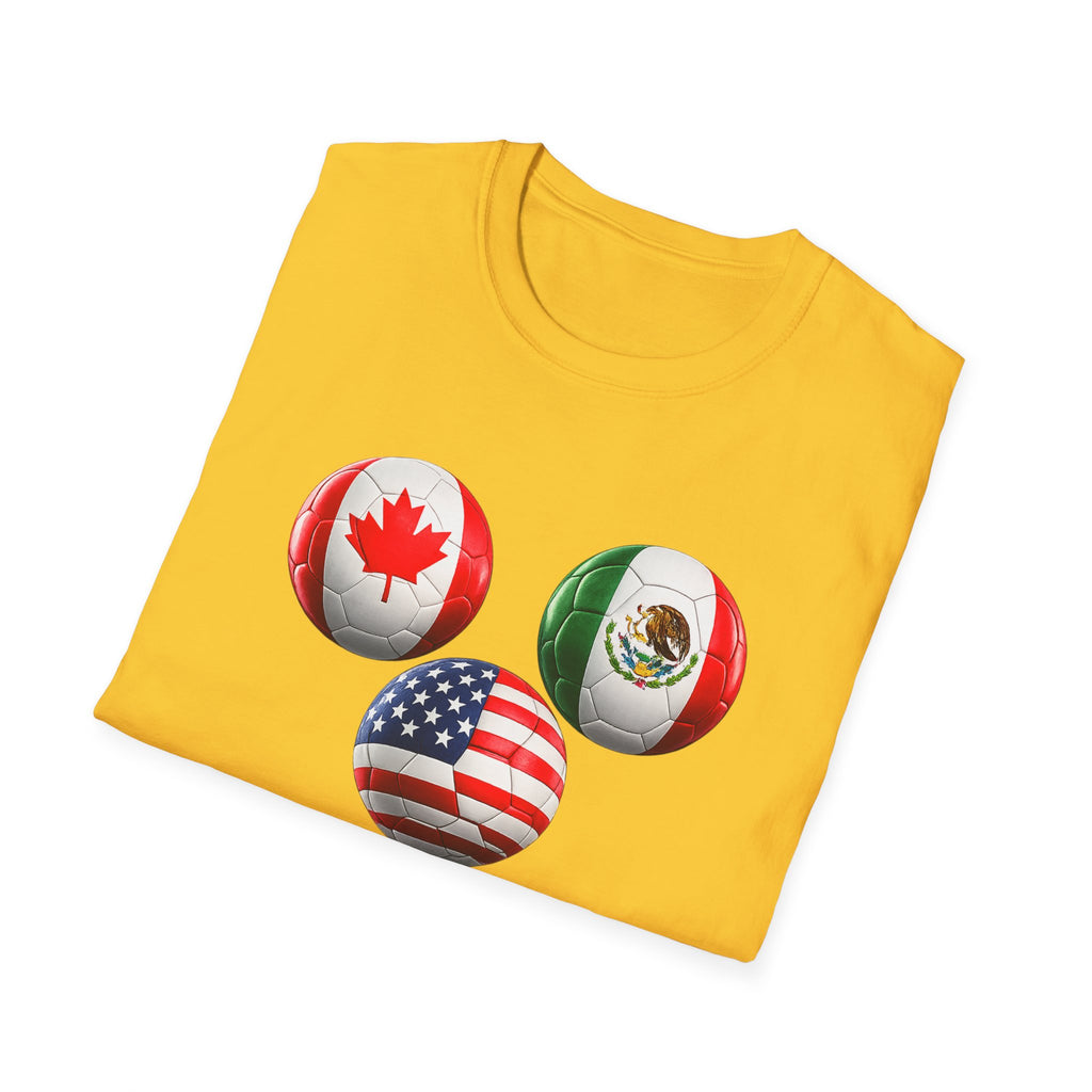 World Cup Trio Soccer Ball T-Shirt — USA Canada Mexico Flags