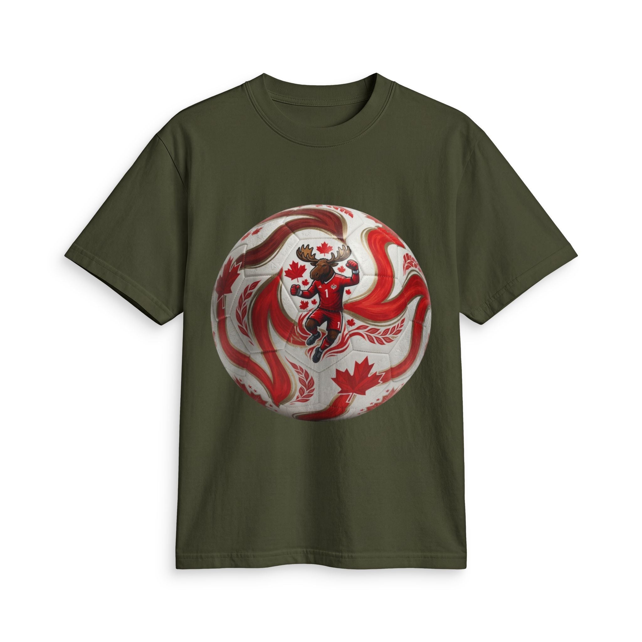 Canada Soccer Lion Graphic T‑Shirt — Red Maple Leaf Soccer Ball Design