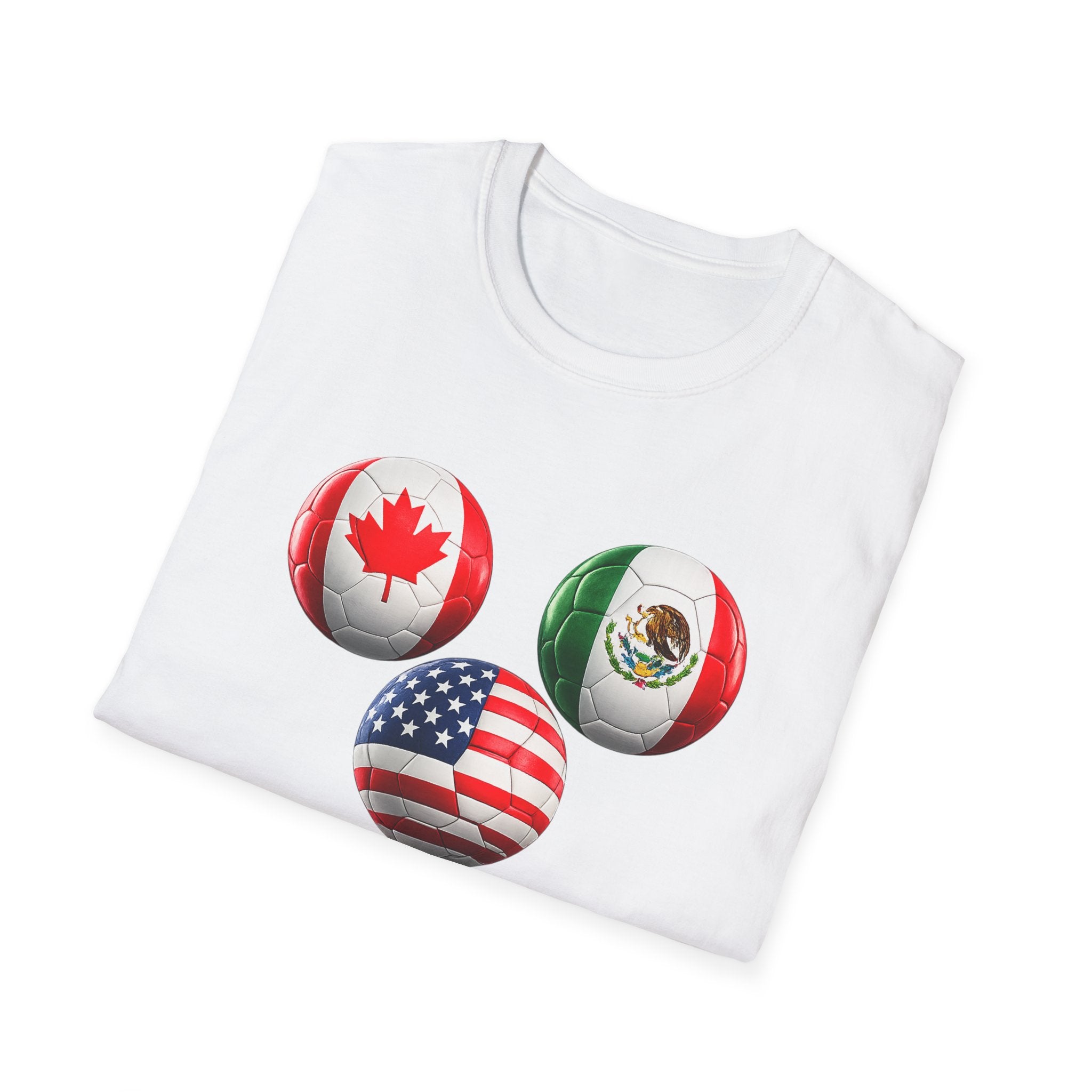 World Cup Trio Soccer Ball T-Shirt — USA Canada Mexico Flags