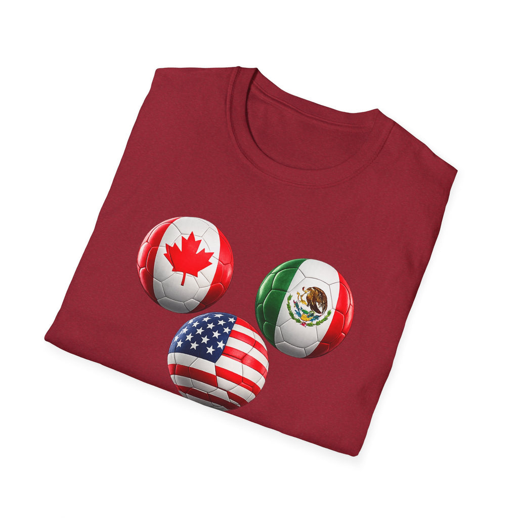 World Cup Trio Soccer Ball T-Shirt — USA Canada Mexico Flags