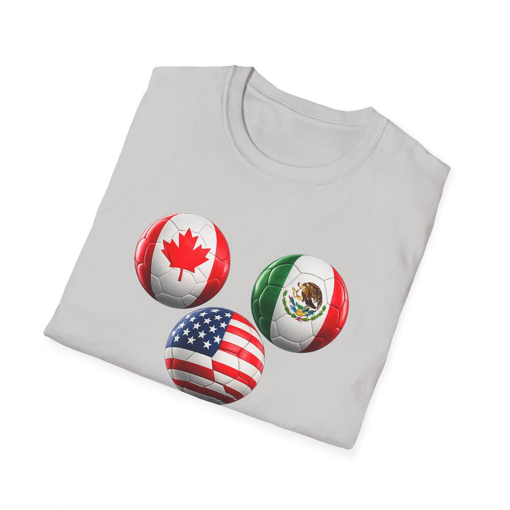 World Cup Trio Soccer Ball T-Shirt — USA Canada Mexico Flags