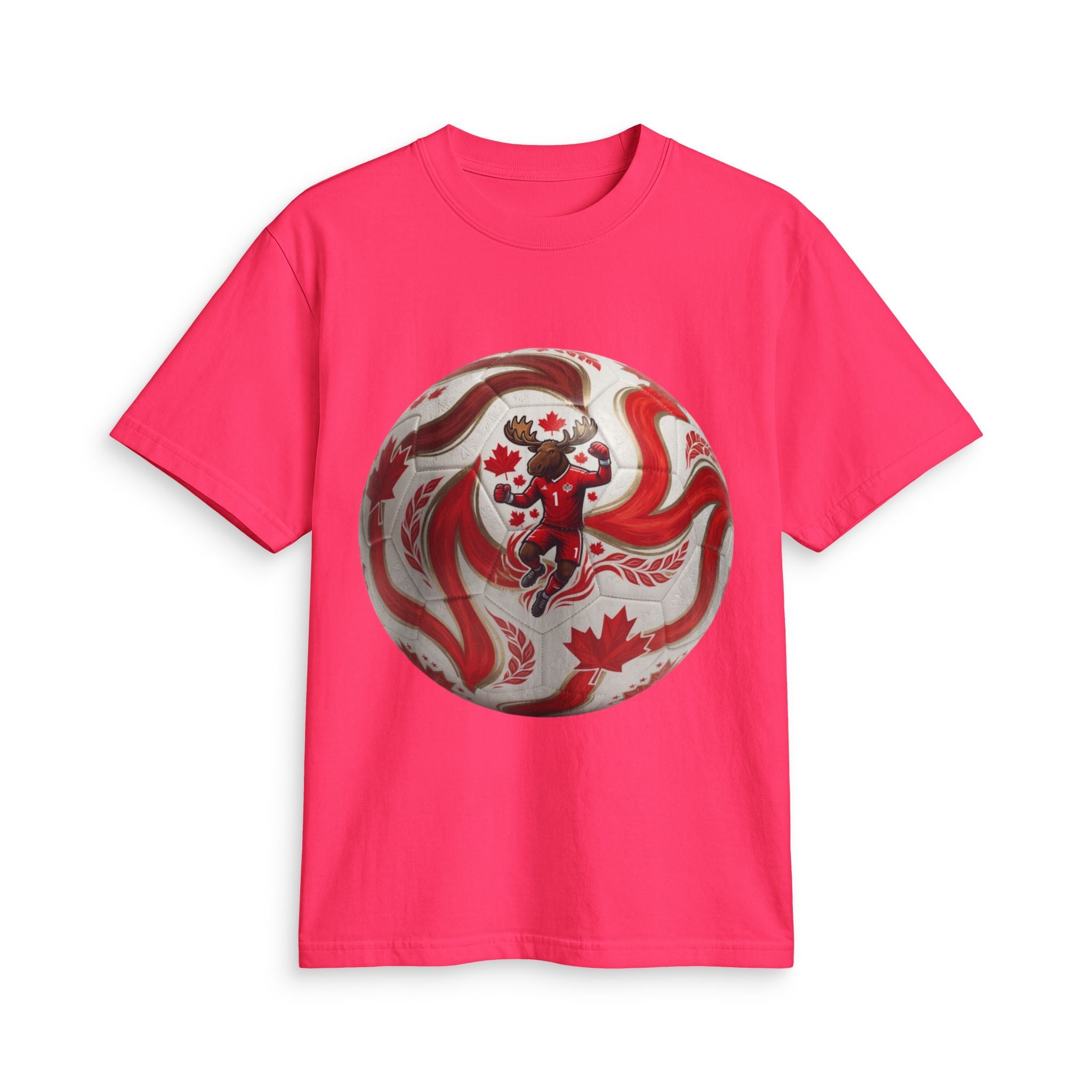 Canada Soccer Lion Graphic T‑Shirt — Red Maple Leaf Soccer Ball Design