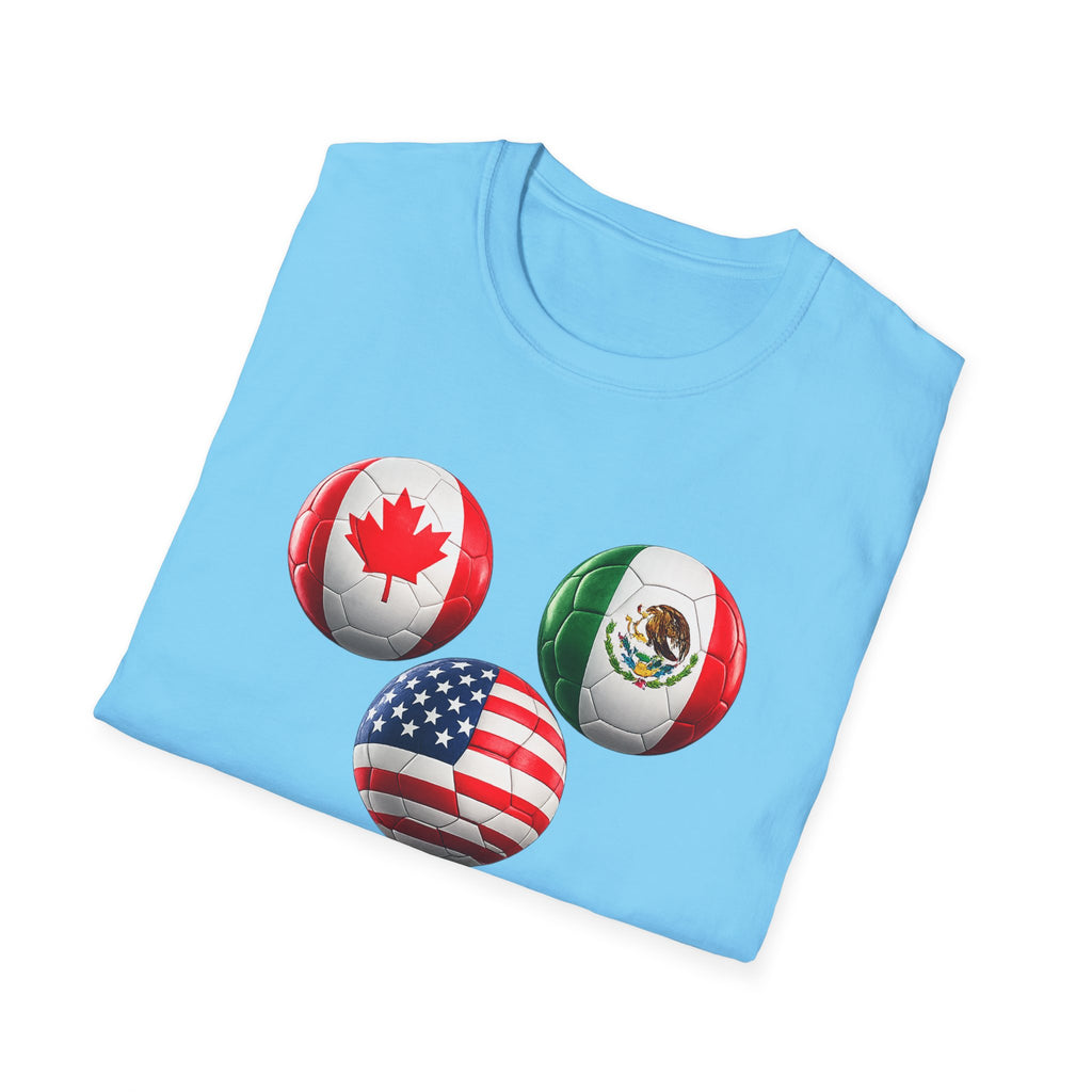 World Cup Trio Soccer Ball T-Shirt — USA Canada Mexico Flags