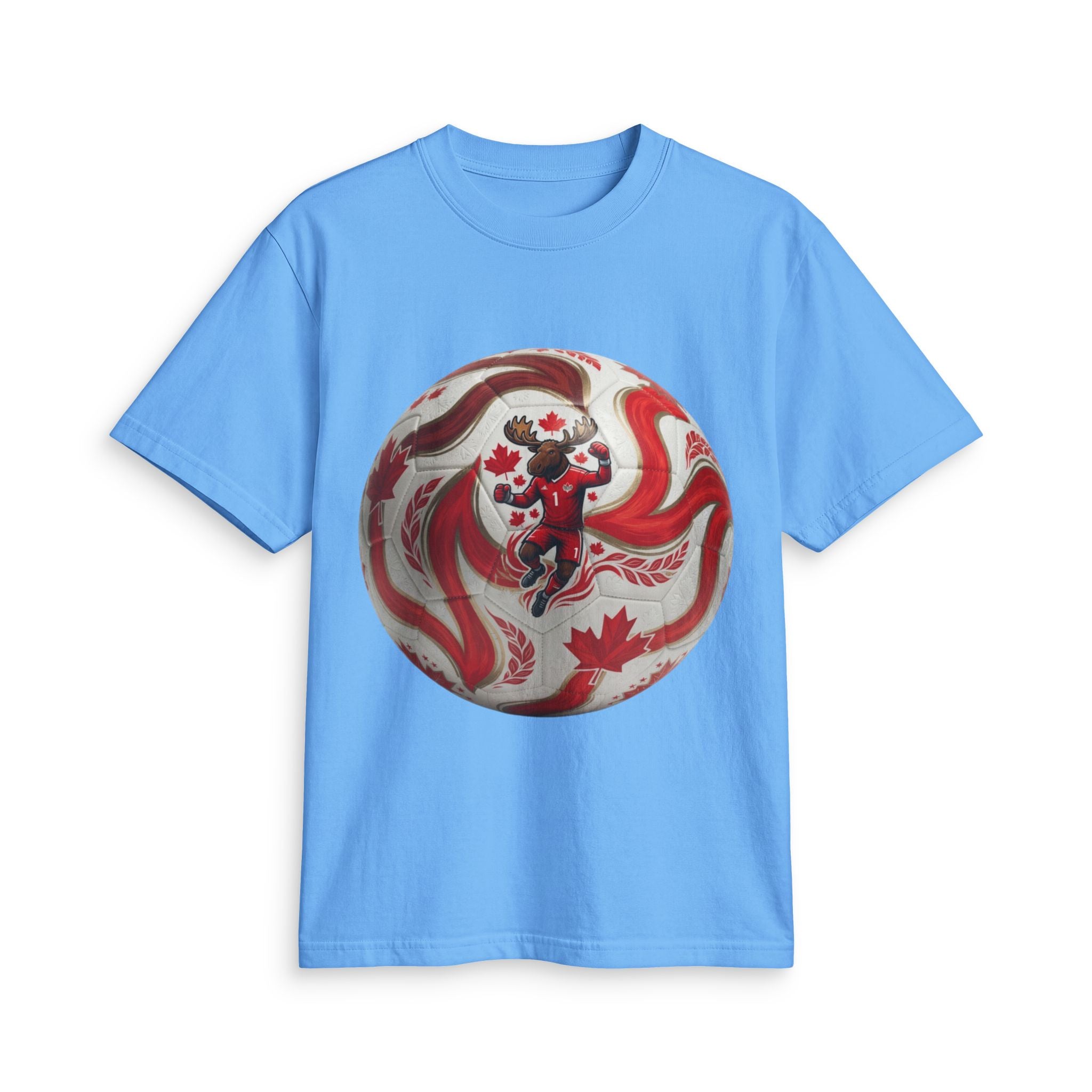 Canada Soccer Lion Graphic T‑Shirt — Red Maple Leaf Soccer Ball Design