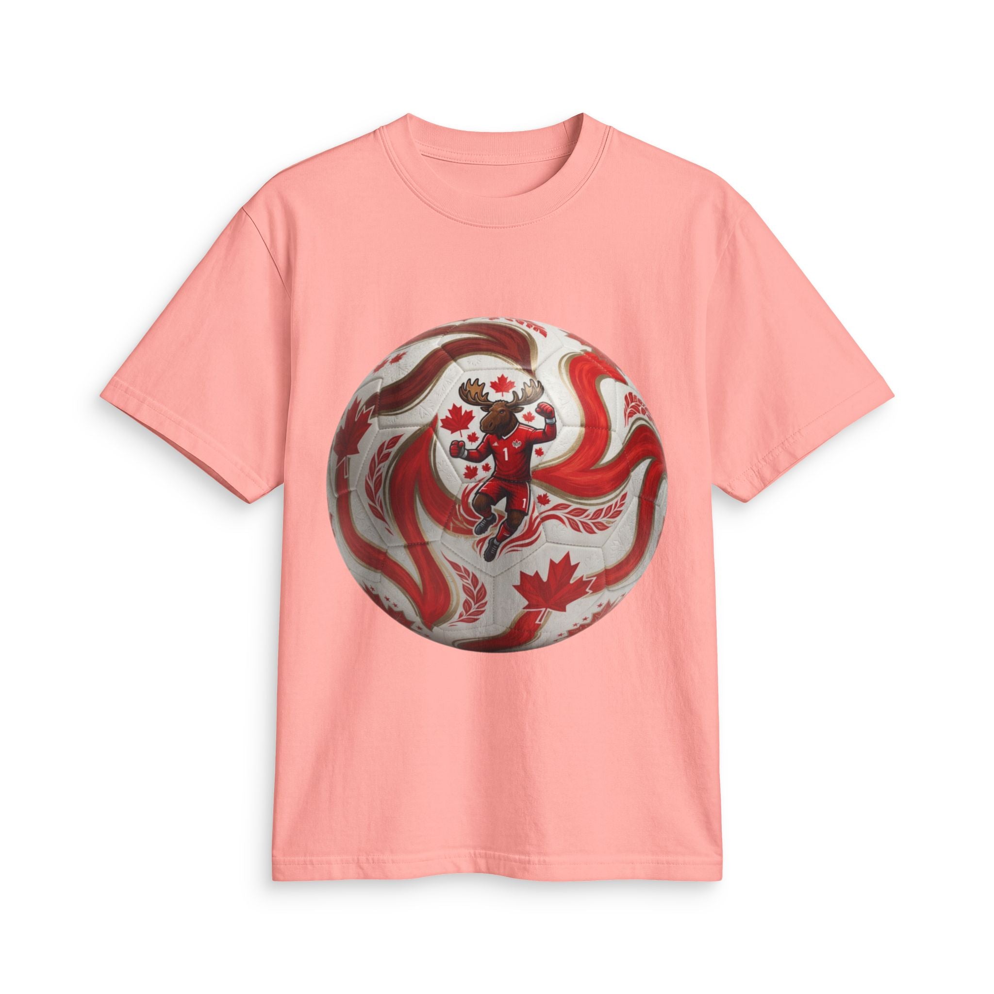 Canada Soccer Lion Graphic T‑Shirt — Red Maple Leaf Soccer Ball Design