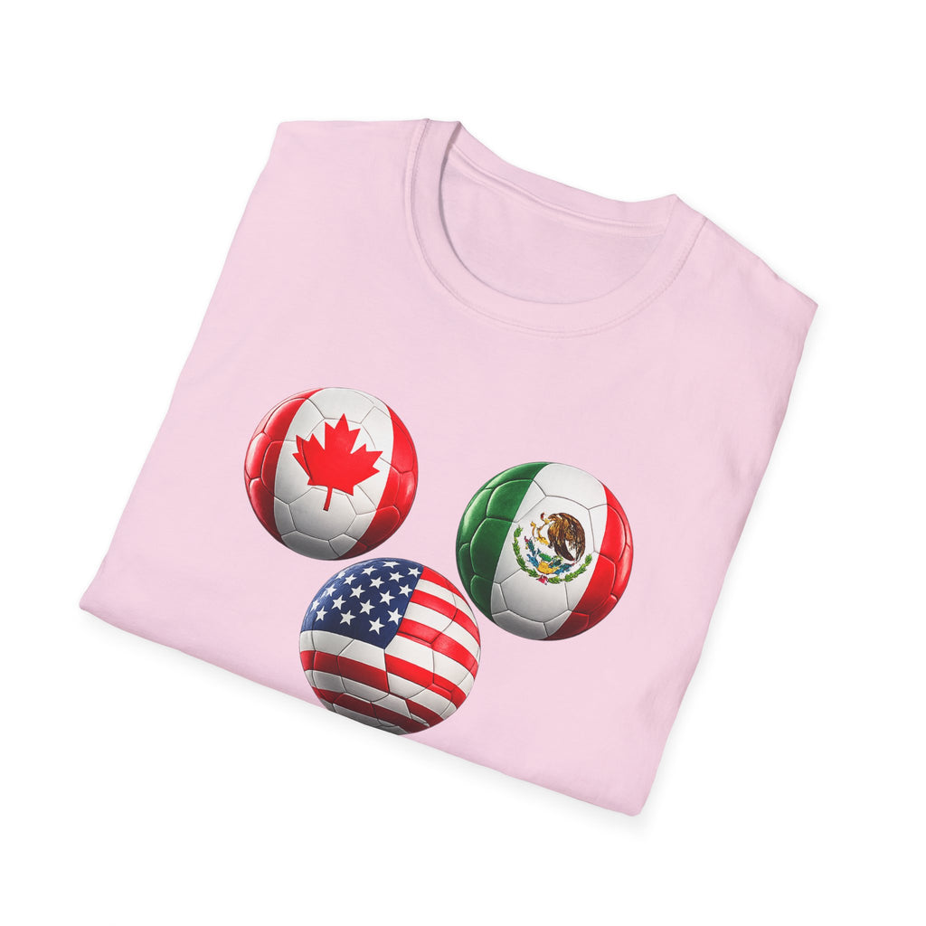 World Cup Trio Soccer Ball T-Shirt — USA Canada Mexico Flags