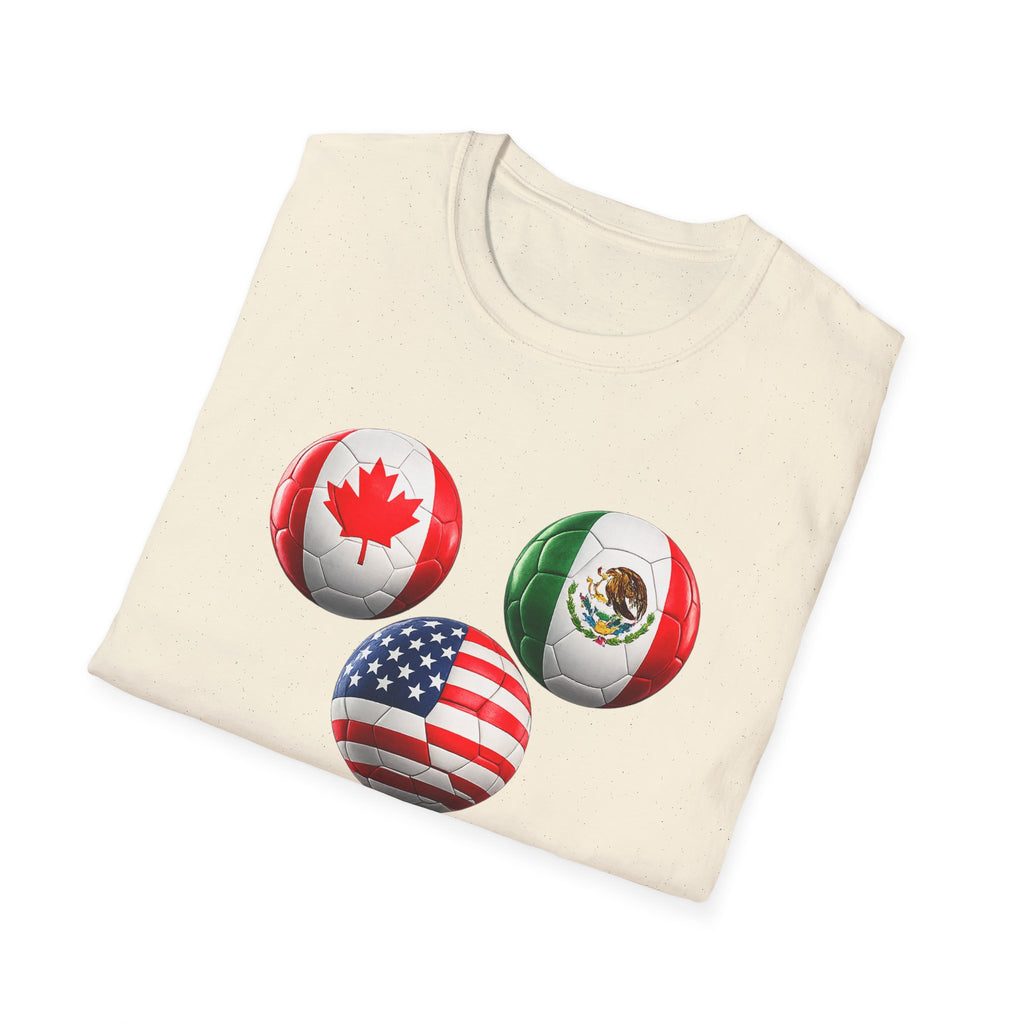 World Cup Trio Soccer Ball T-Shirt — USA Canada Mexico Flags